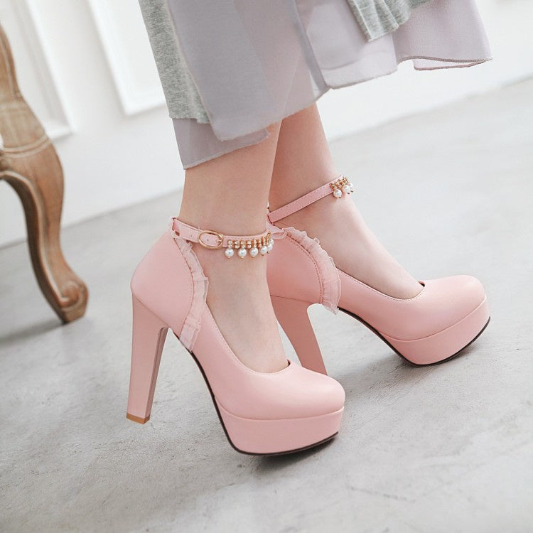 Women Ankle Strap Rhinestone Pearl Chunky Heel Platform Pumps