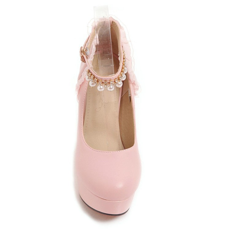 Women Ankle Strap Rhinestone Pearl Chunky Heel Platform Pumps