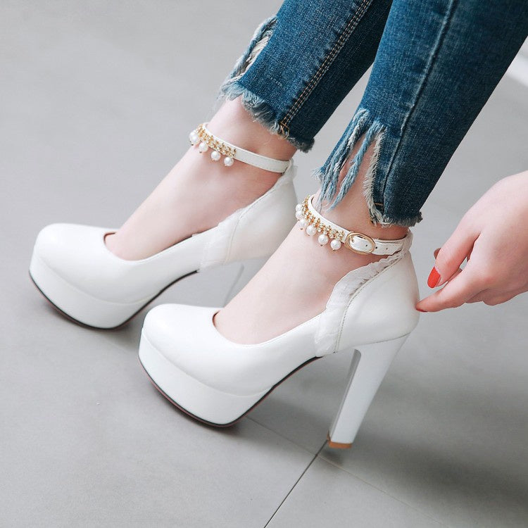 Women Ankle Strap Rhinestone Pearl Chunky Heel Platform Pumps