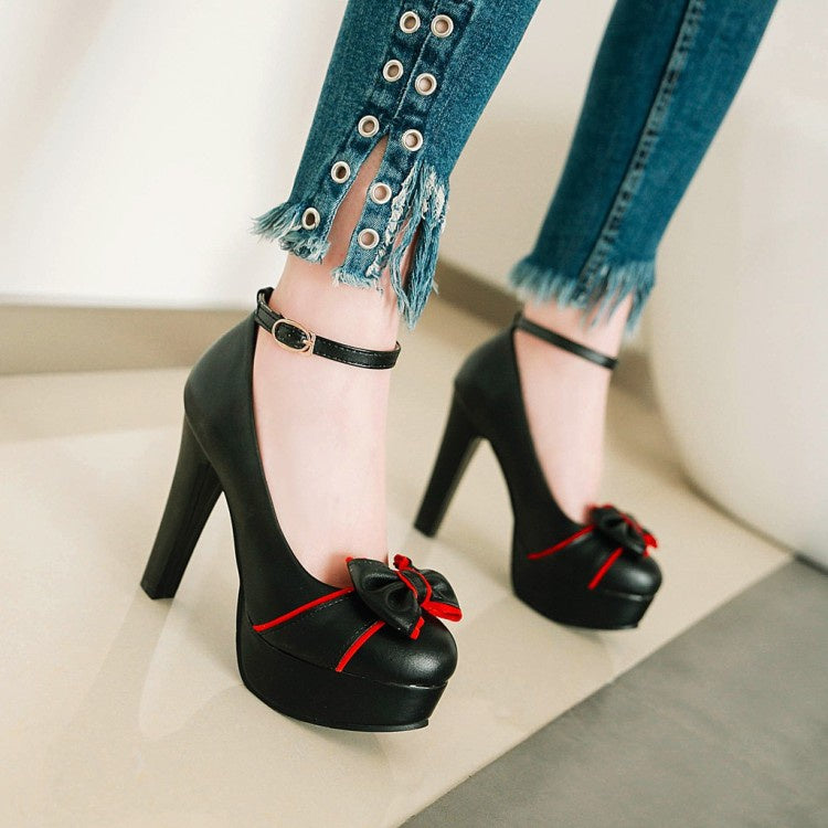 Women Ankle Strap Chunky Heel Platform Pumps