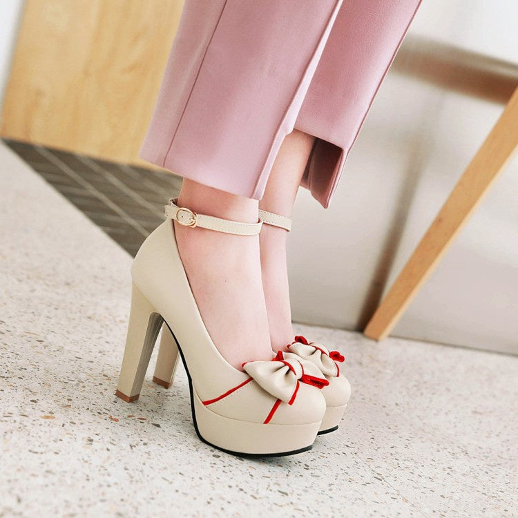 Women Ankle Strap Chunky Heel Platform Pumps