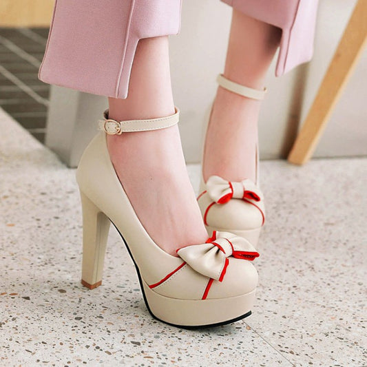 Women Ankle Strap Chunky Heel Platform Pumps