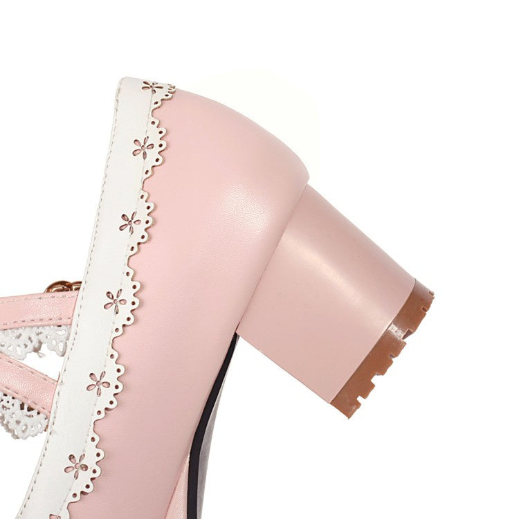 Women Bow Tie Rhinestone Chunky Heel Platform Pumps