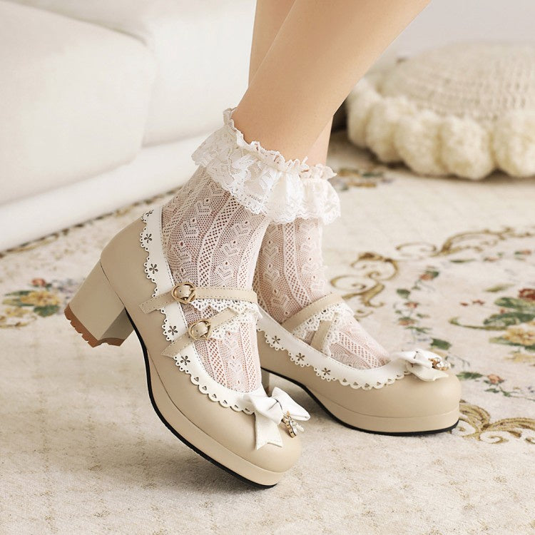 Women Bow Tie Rhinestone Chunky Heel Platform Pumps