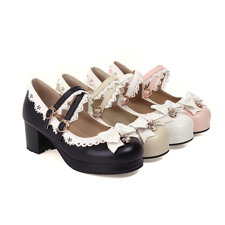 Women Bow Tie Rhinestone Chunky Heel Platform Pumps