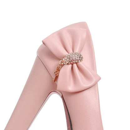 Women Rhinestone Bowtie Chunky High Heel Platform Pumps