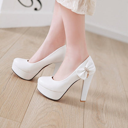 Women Rhinestone Bowtie Chunky High Heel Platform Pumps