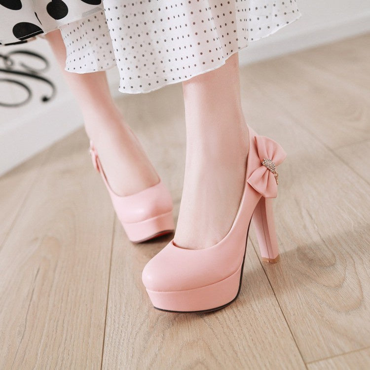 Women Rhinestone Bowtie Chunky High Heel Platform Pumps