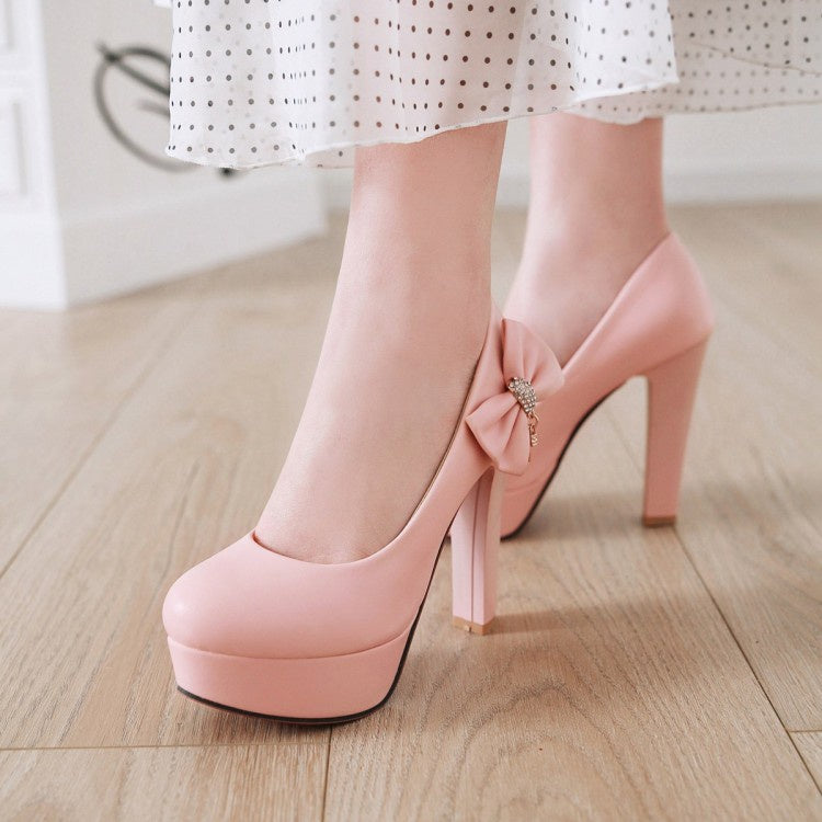 Women Rhinestone Bowtie Chunky High Heel Platform Pumps