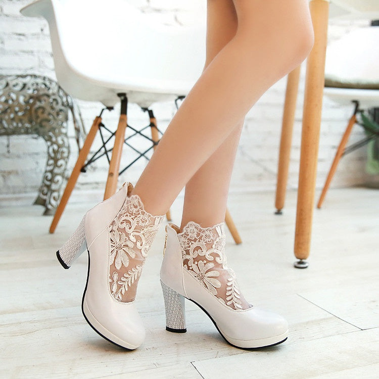 Women Lace High Heeled Chunky Heels Shoes