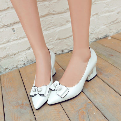 Women Pearl Bowtie High Heeled Chunky Heels Pumps