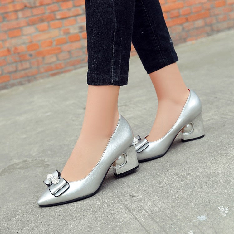 Women Pearl Bowtie High Heeled Chunky Heels Pumps