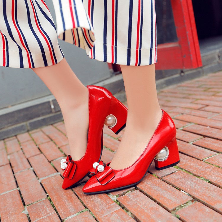 Women Pearl Bowtie High Heeled Chunky Heels Pumps