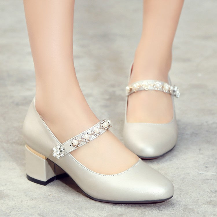 Women Rhinestone Mary Jane High Heeled Chunky Heels Pumps