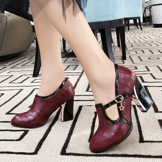 Women Stone-pattern High Heeled Chunky Heels Pumps