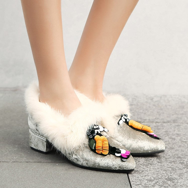 Women Furry Mid Heeled Chunky Heels Lofers Shoes