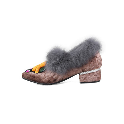 Women Furry Mid Heeled Chunky Heels Lofers Shoes