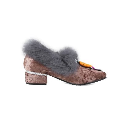 Women Furry Mid Heeled Chunky Heels Lofers Shoes