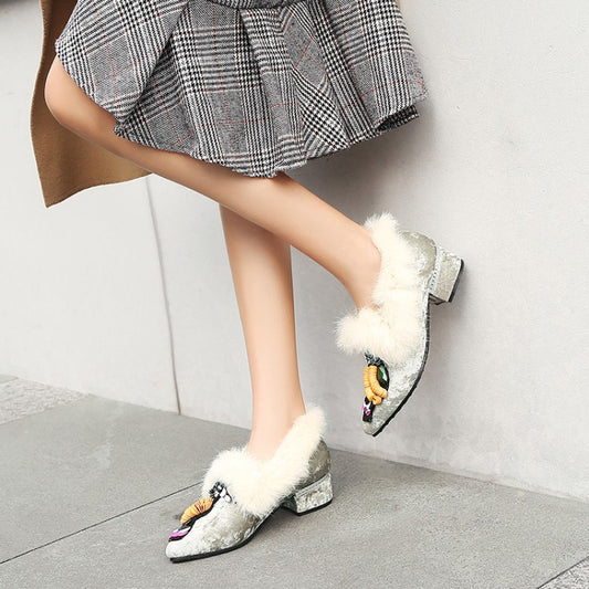 Women Furry Mid Heeled Chunky Heels Lofers Shoes