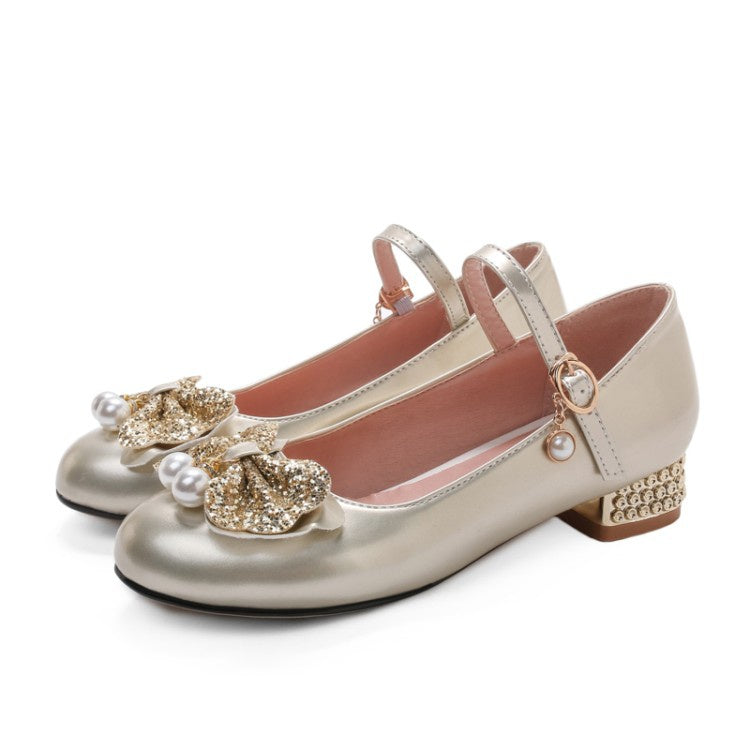 Women Pumps Sequined Mary Janes Shoes with Bowtie