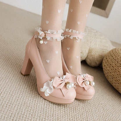 Women Lace Platform Pumps Mary Janes Shoes with Bowtie