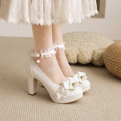 Women Lace Platform Pumps Mary Janes Shoes with Bowtie