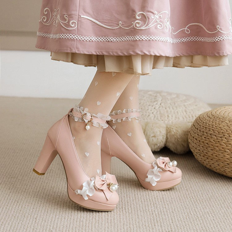 Women Lace Platform Pumps Mary Janes Shoes with Bowtie