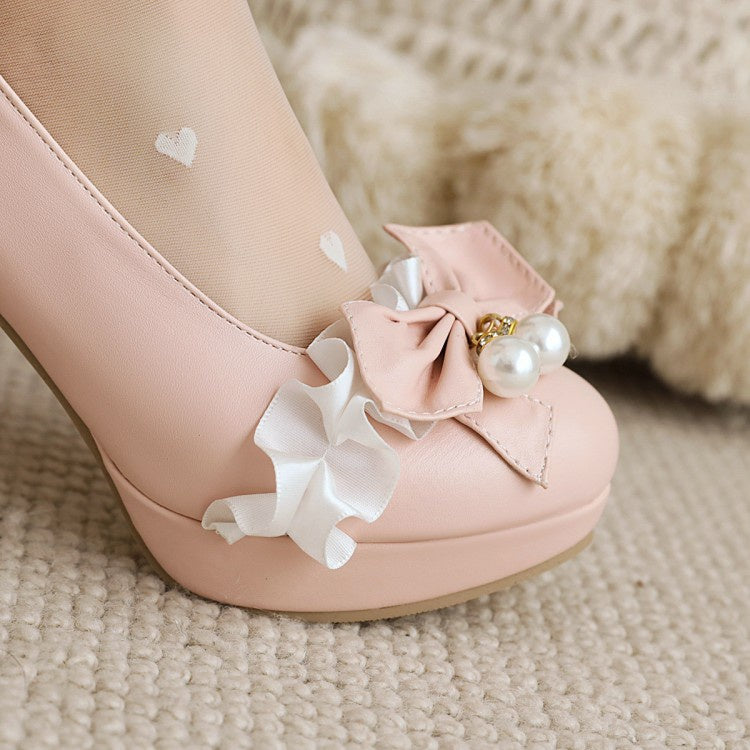 Women Lace Platform Pumps Mary Janes Shoes with Bowtie