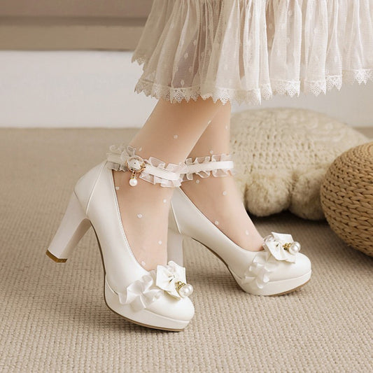 Women Lace Platform Pumps Mary Janes Shoes with Bowtie