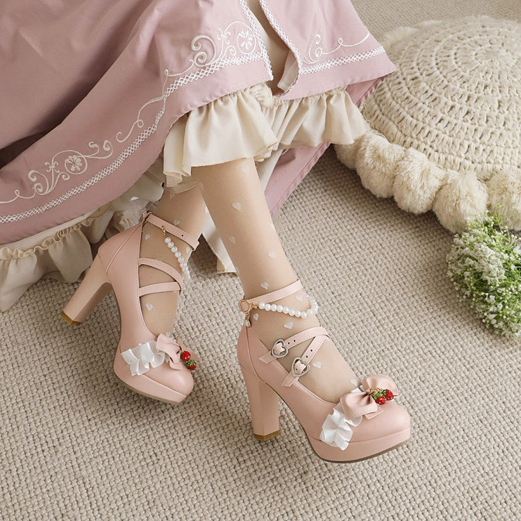 Women Platform Pumps Buckle Mary Janes Shoes with Bowtie