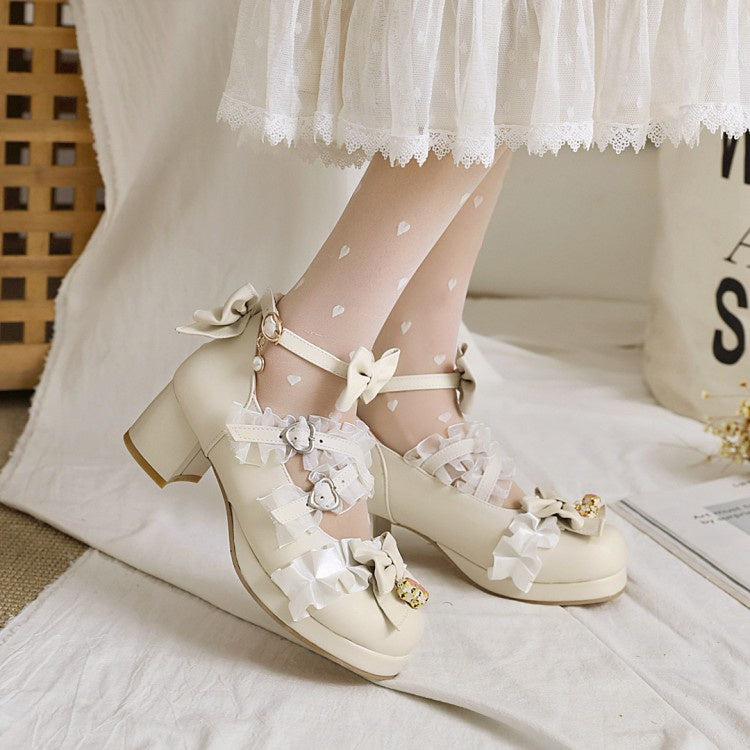 Women Pumps Lace Pearl Mary Janes Shoes with Bowtie