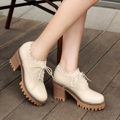 Women Lace Up Chunky High Heels Shoes