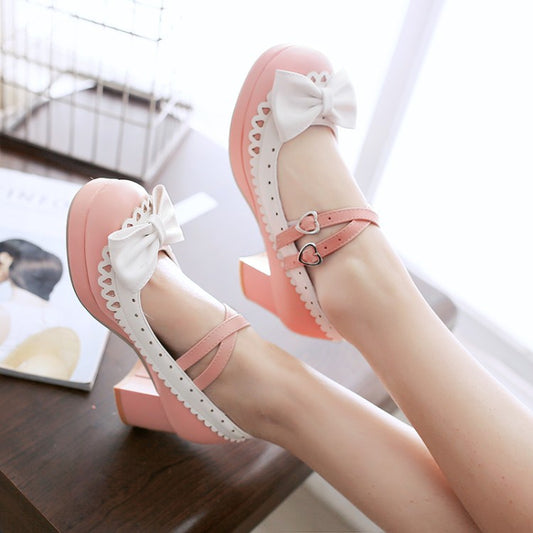 Women Double Straps Chunky Heel Pumps Mary Janes Shoes with Bowtie