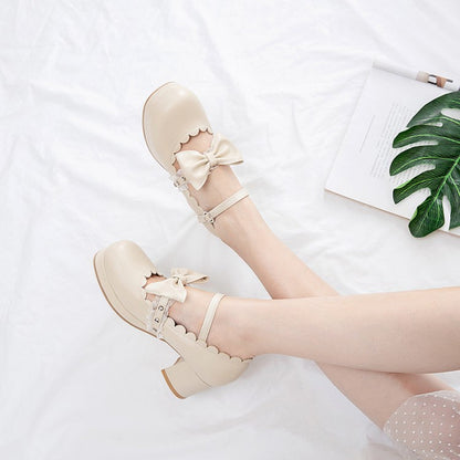 Women Chunky Heel Pumps Mary Janes Shoes with Bowtie Lace