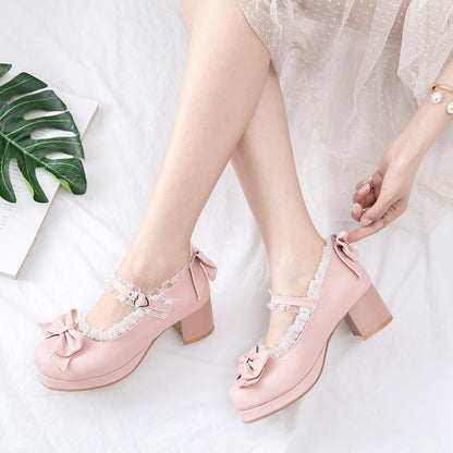 Women Chunky Heel Pumps Mary Janes Shoes with Bowtie