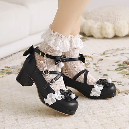 Women Chunky Heel Pumps Mary Janes Shoes with Bowtie