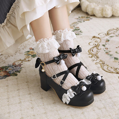 Women Chunky Heel Pumps Mary Janes Shoes with Bowtie