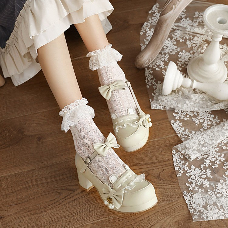 Women Chunky Heel Pumps Mary Janes Pricess Shoes with Bowtie