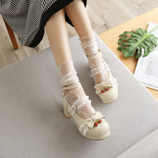 Women Chunky Heel Pumps Mary Janes Shoes with Bowtie