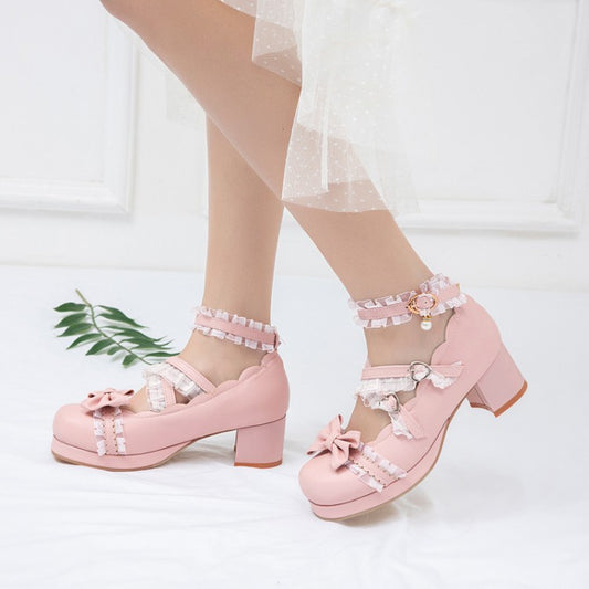 Women Chunky Heel Pumps Mary Janes Shoes with Bowtie