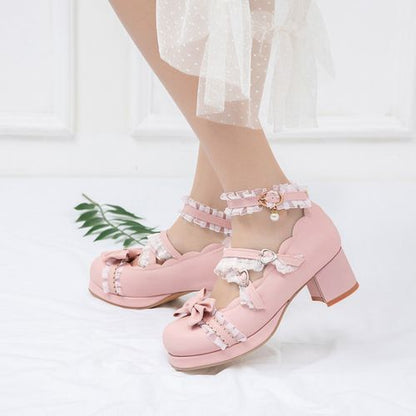 Women Chunky Heel Pumps Mary Janes Shoes with Bowtie