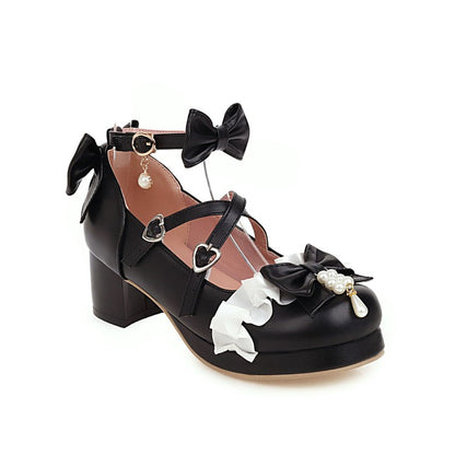 Women Chunky Heel Pumps Mary Janes Shoes with Bowtie Buckle Pearl