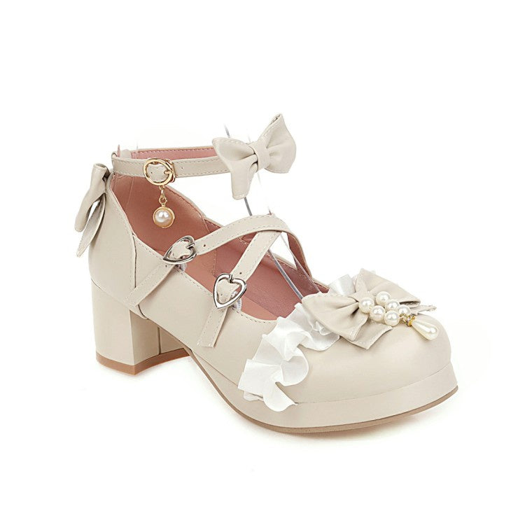 Women Chunky Heel Pumps Mary Janes Shoes with Bowtie Buckle Pearl