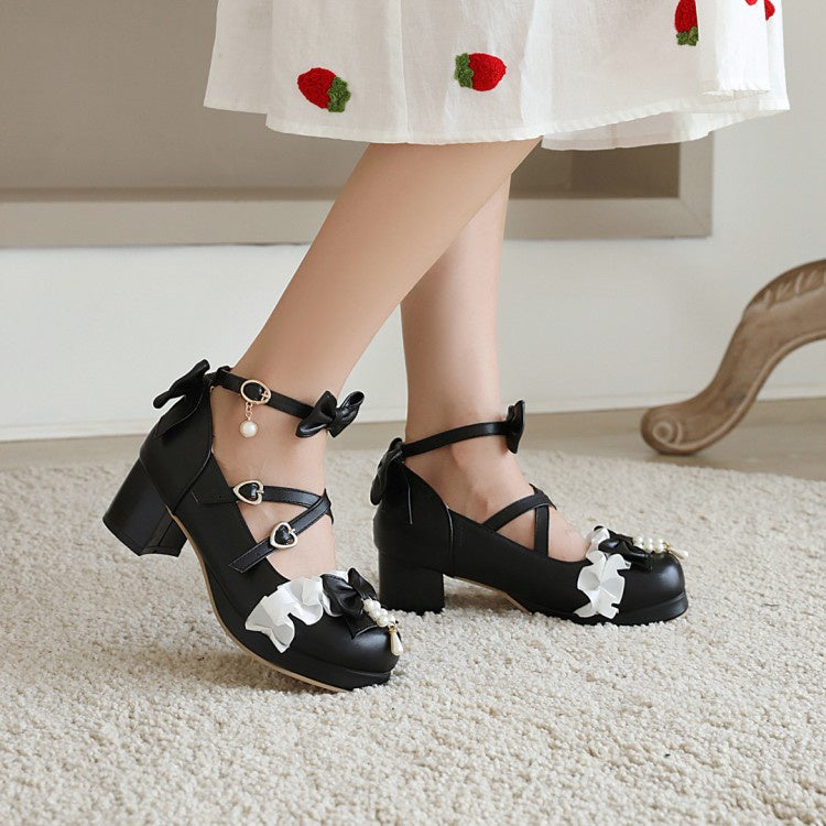 Women Chunky Heel Pumps Mary Janes Shoes with Bowtie Buckle Pearl