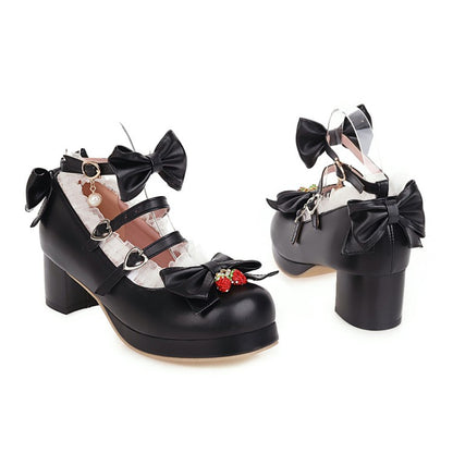 Women Chunky Heel Pumps Mary Janes Shoes with Bowtie Lace