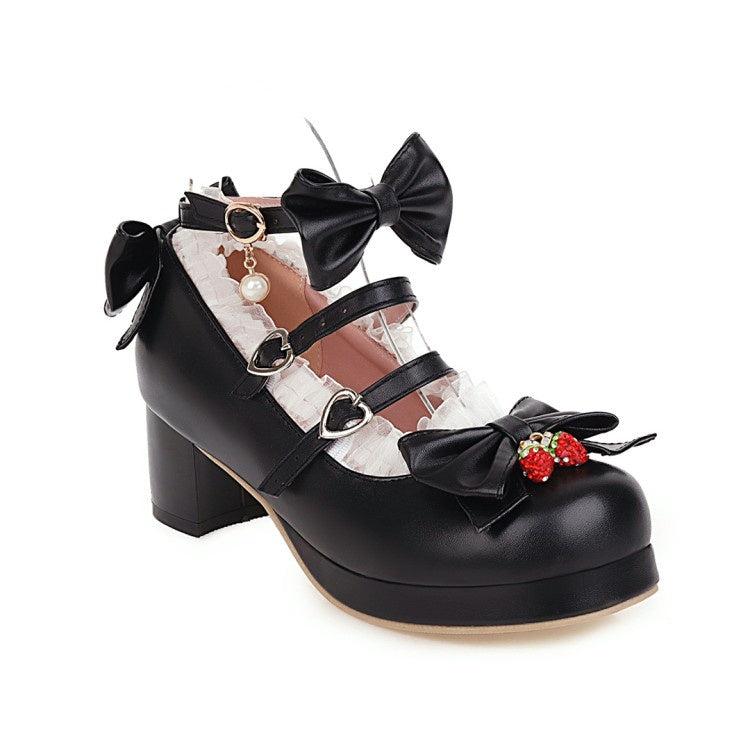 Women Chunky Heel Pumps Mary Janes Shoes with Bowtie Lace