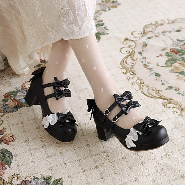 Women Chunky Heel Pumps Mary Janes Shoes with Bowtie