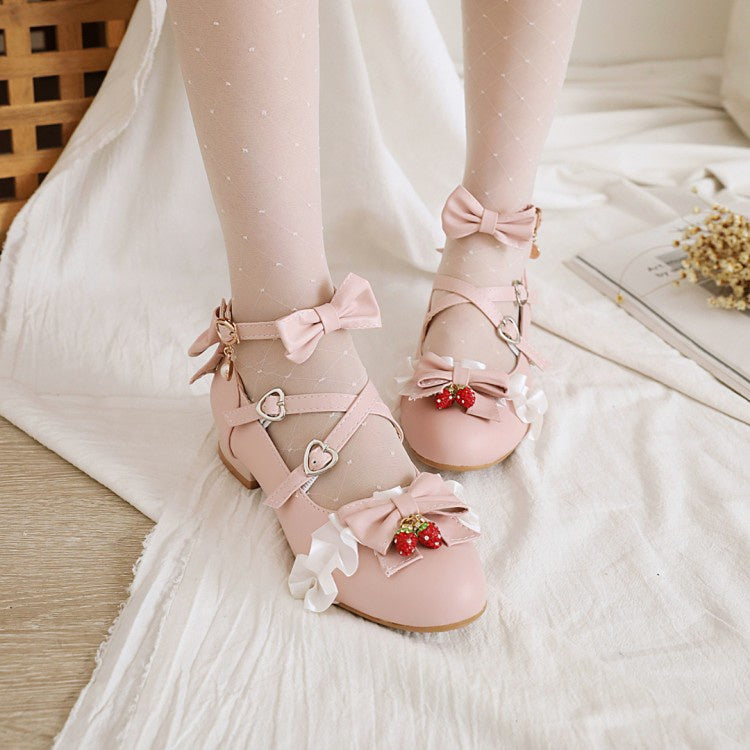 Women Chunky Heel Pumps Mary Janes Shoes with Bowtie