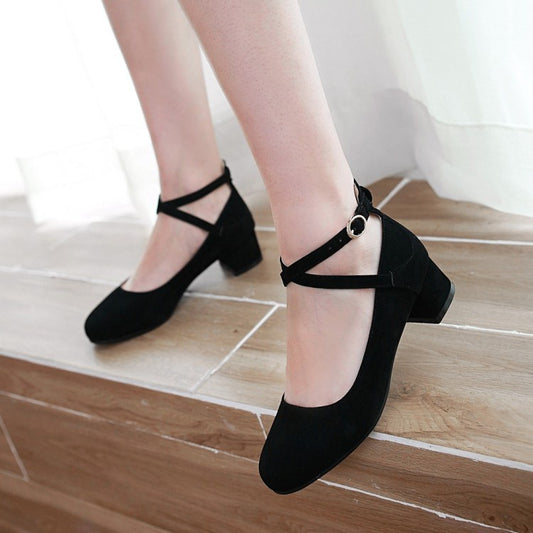 Women Buckle Pumps Chunky Heels Shoes