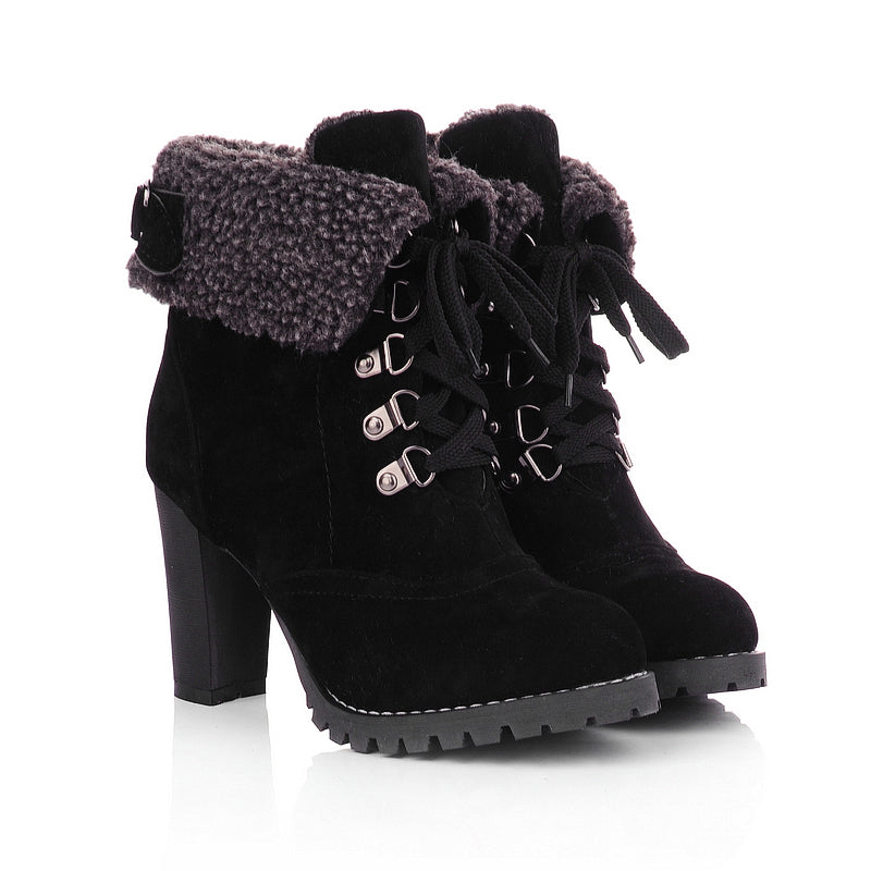 Purfle Buckle Lace Up Ankle Boots High Heels Shoes 9627